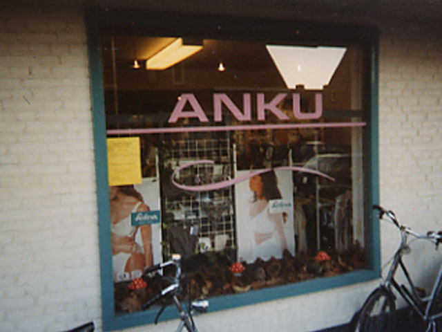 Anku Lingerie, voor de heren: het paarse opengewerkte kant, voor de dames: alles vleeskleurig en *groot*, elastisch materiaal.